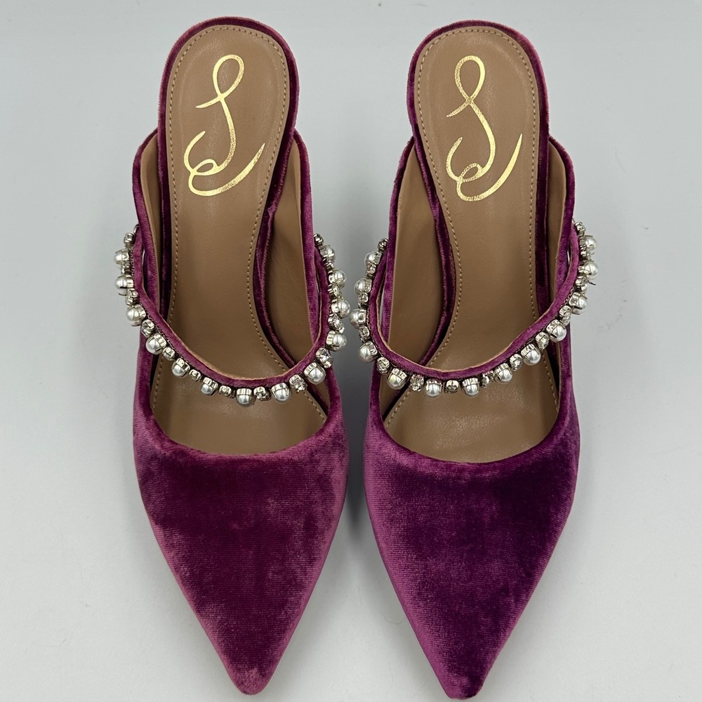 Sam Edelman Hyland Velvet Mule Heels 6.5 Purple Pearl Crystal Strap Glam Y2K NIB - Picture 10 of 16